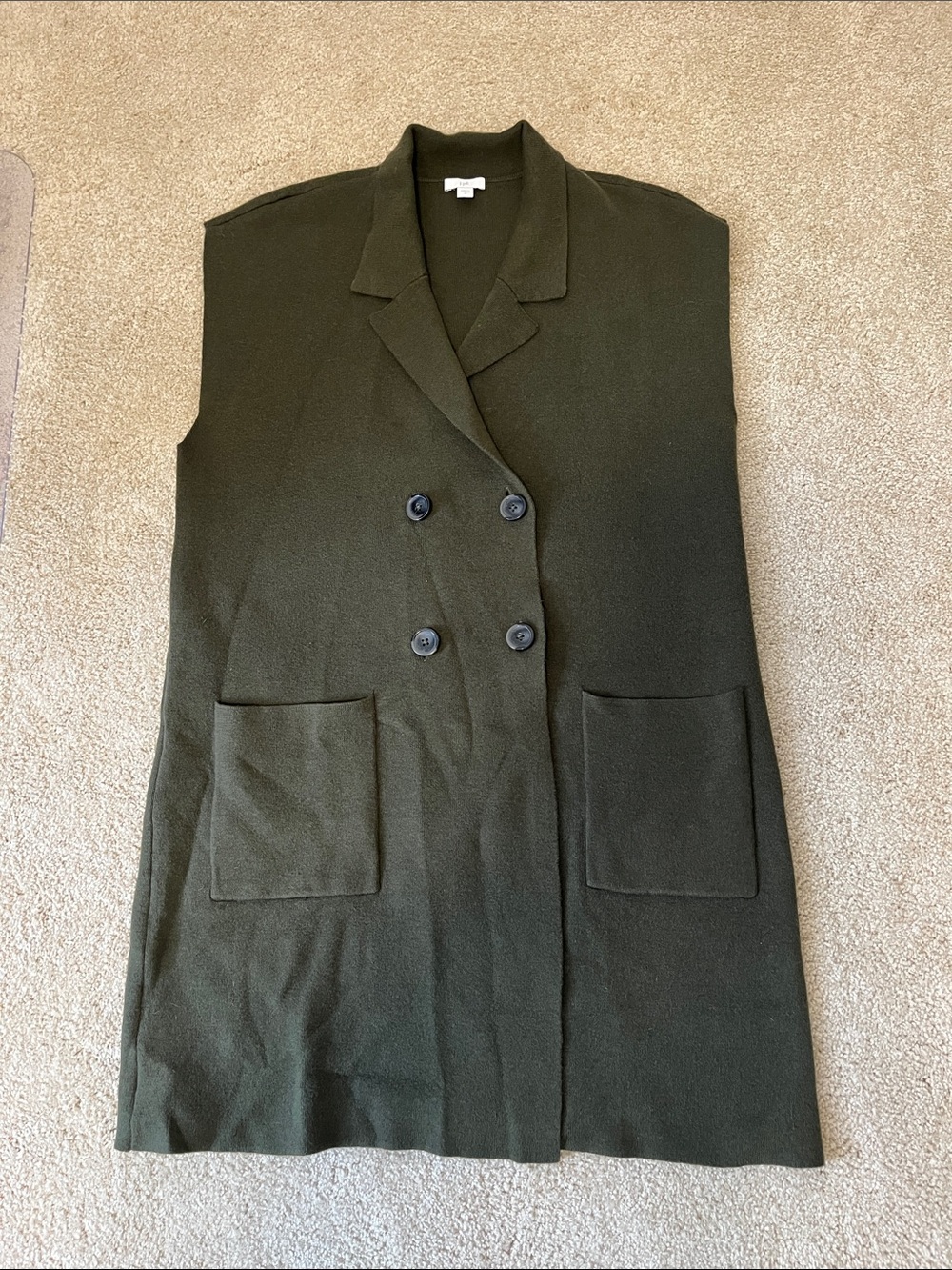 J Jill Sleeveless Double-Breasted Long Vest in Olive Green